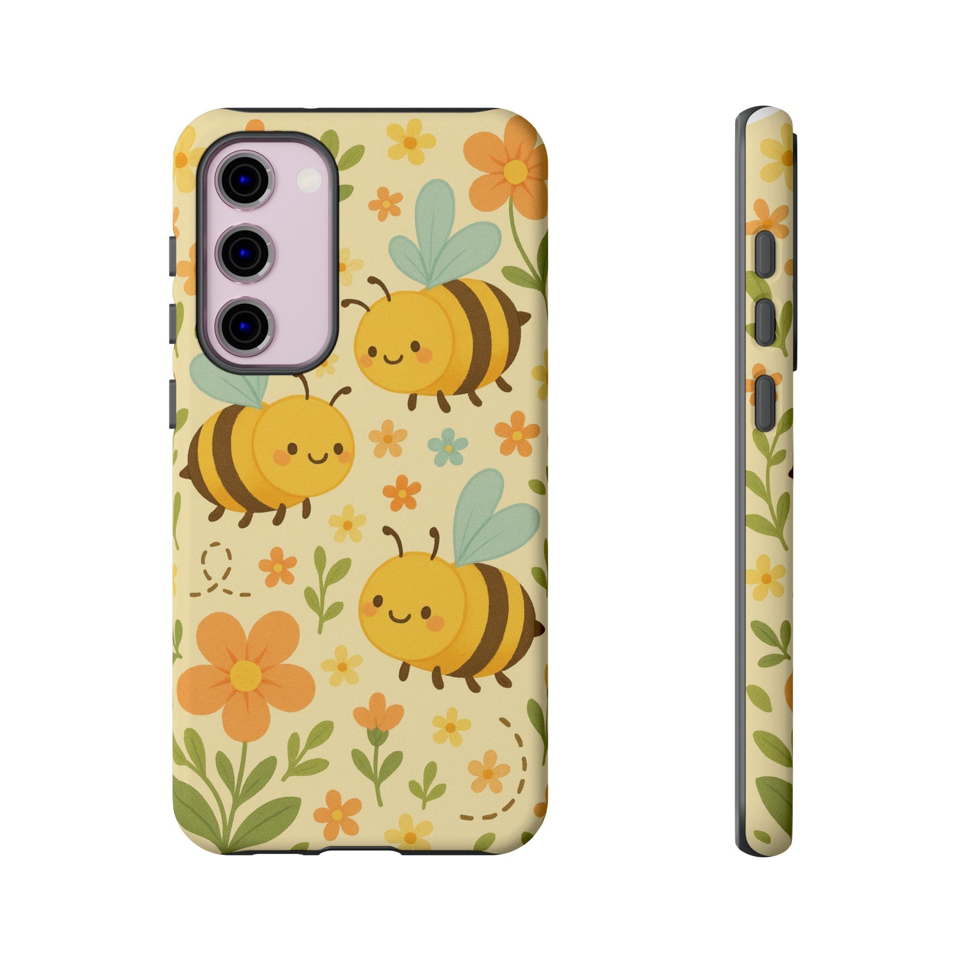 Cute cartoon floral bee tough phone case featuring cheerful bees and flowers on a soft yellow background