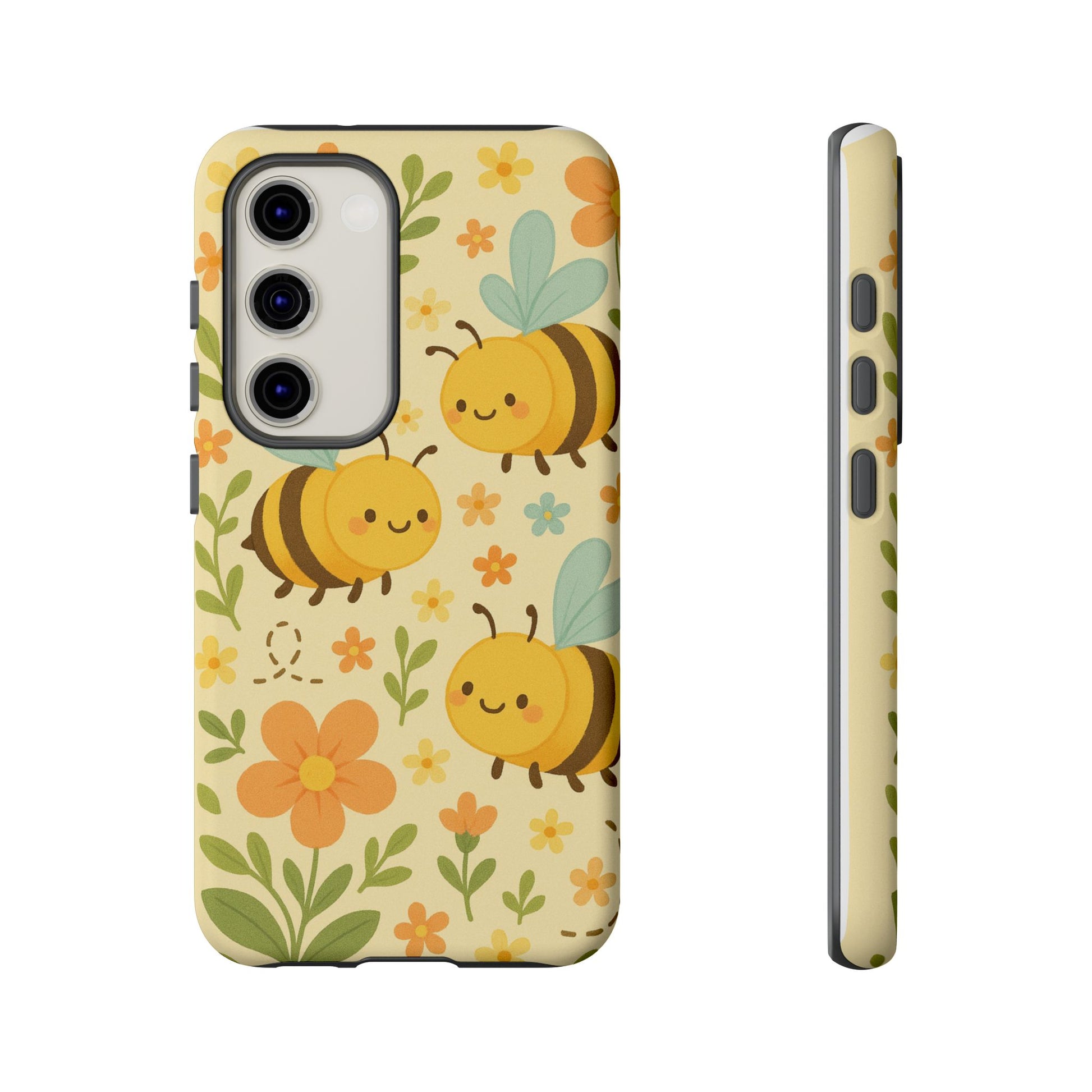 Cute cartoon floral bee tough phone case featuring cheerful bees and colorful flowers