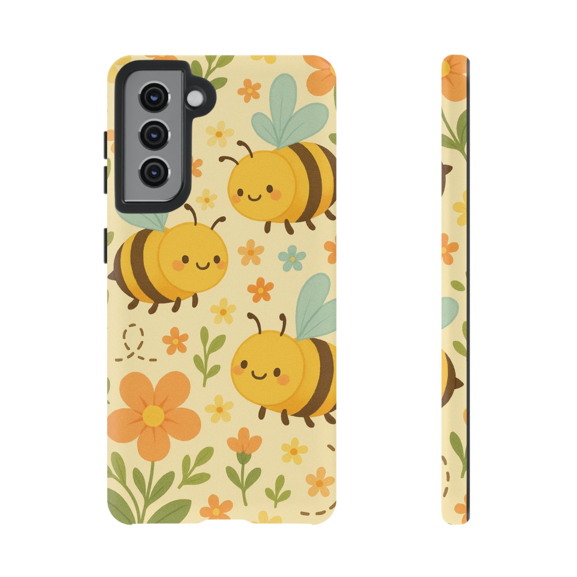 Cute cartoon floral bee tough phone case with colorful bees and flowers on a light background