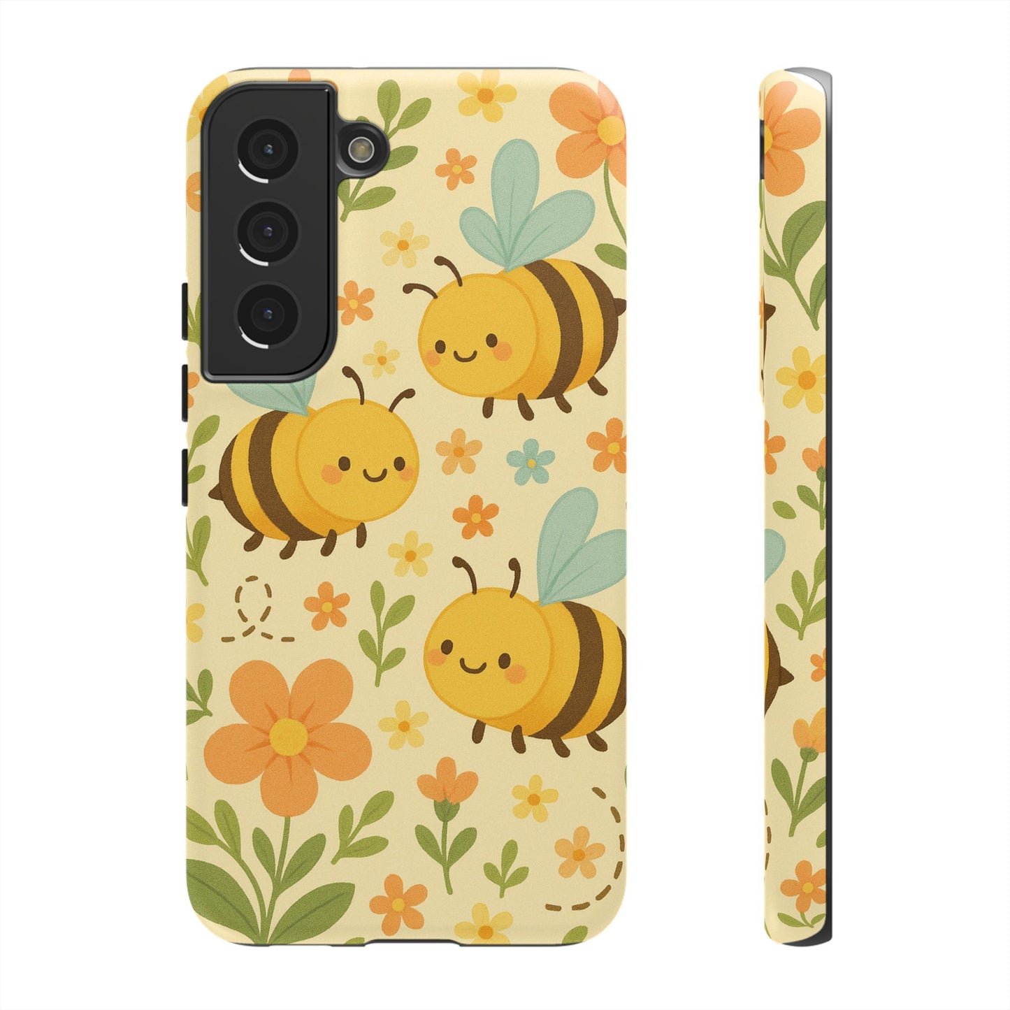 Cute cartoon floral bee tough phone case featuring cheerful bees and colorful flowers on a soft background