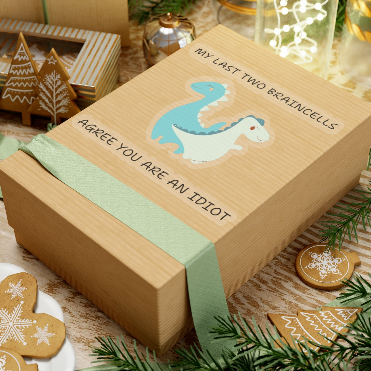 Printify paper product featuring cute dinosaur meme stickers with funny text on brown packaging