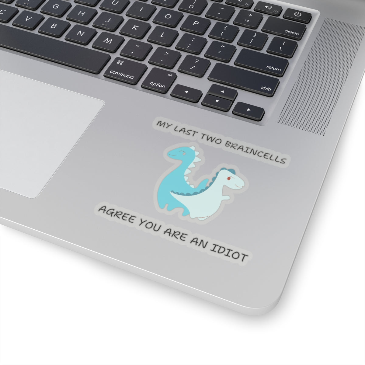 Cute dinosaur meme stickers featuring two blue dinosaurs with funny text on a laptop