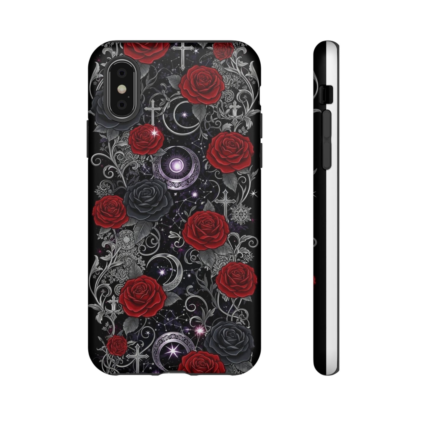 Dark gothic red rose tough phone case featuring intricate designs with roses and crosses