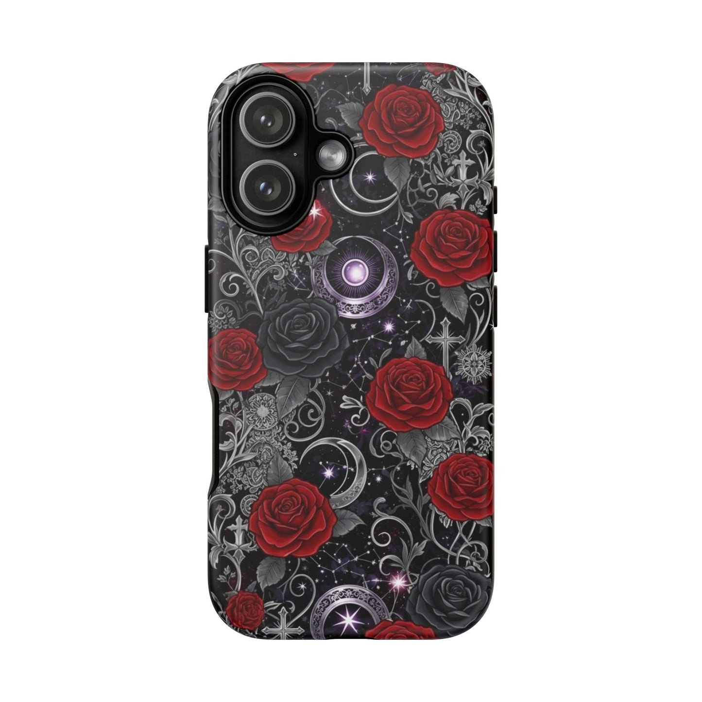 Dark gothic red rose tough phone case with intricate patterns and vibrant red roses on a dark background