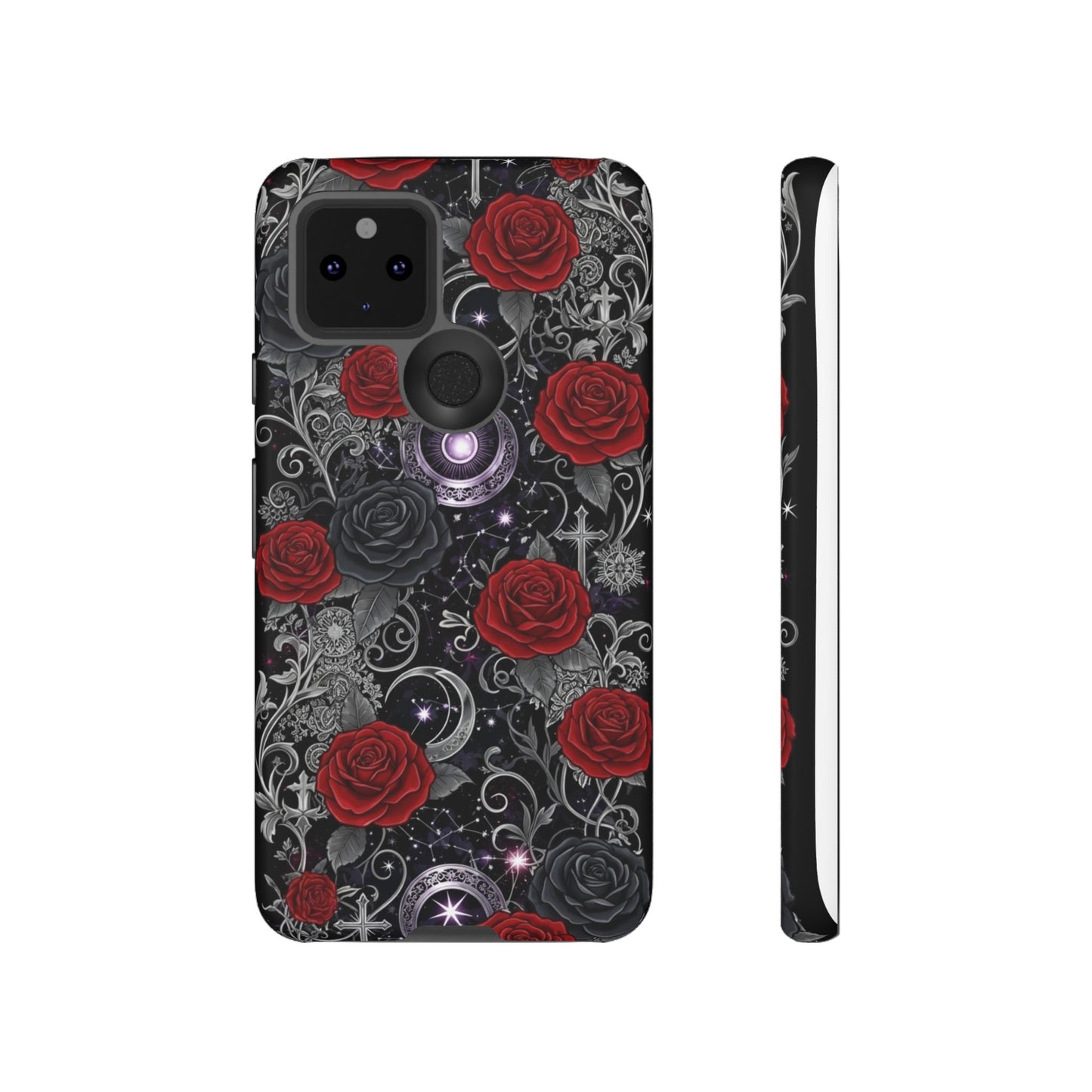 Dark gothic red rose tough phone case featuring intricate designs and vibrant roses