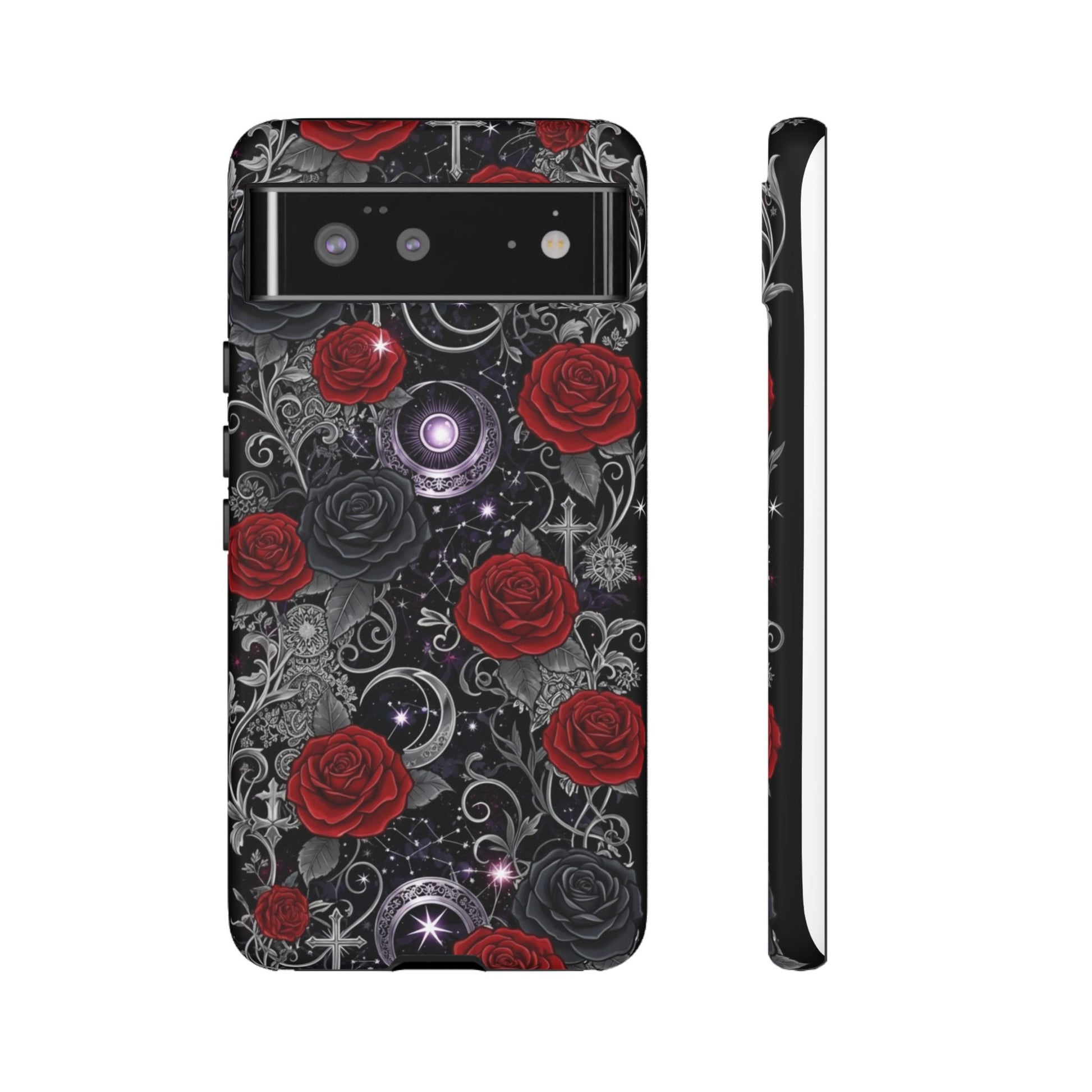 Dark gothic red rose tough phone case featuring intricate designs and vivid colors