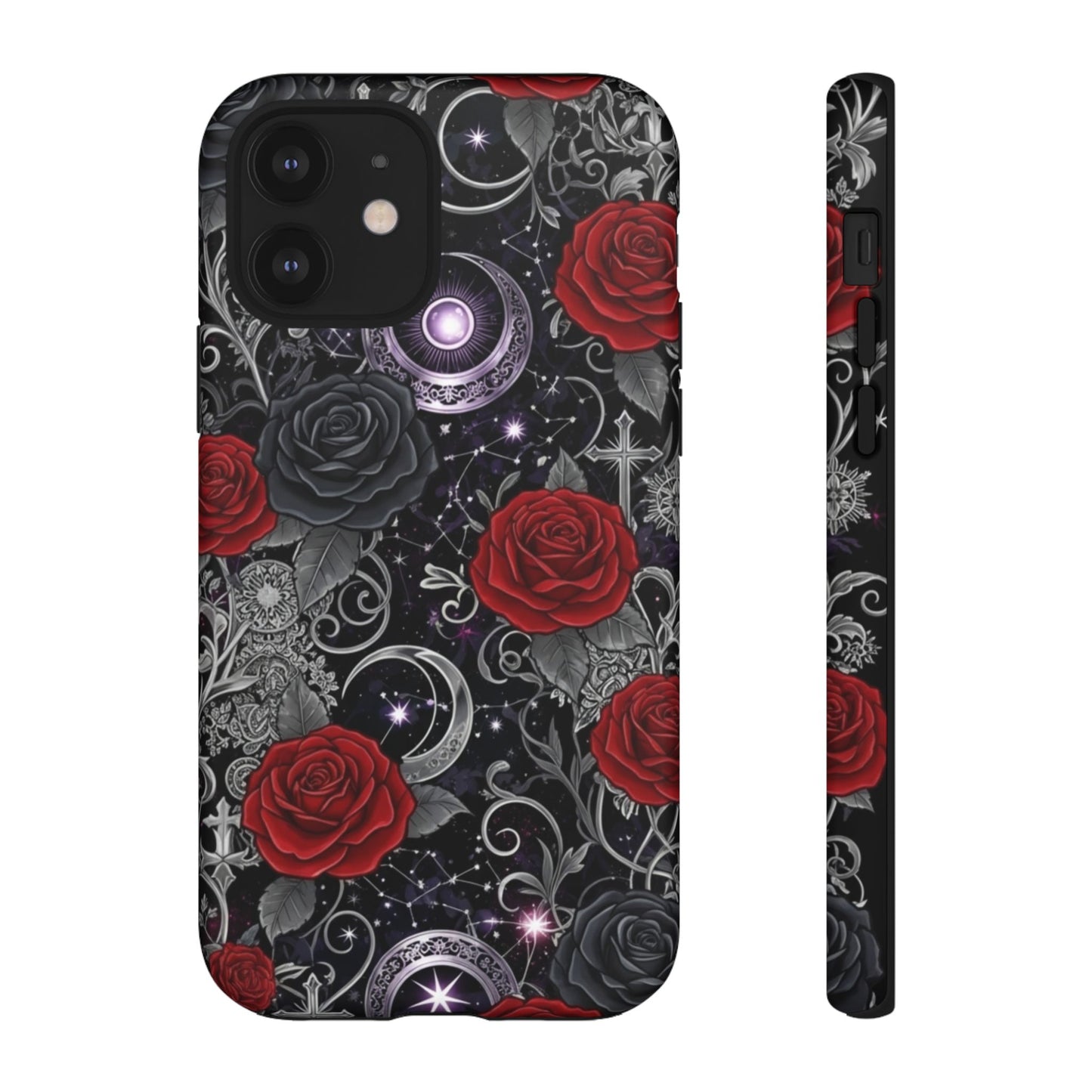 Dark gothic Red rose tough phone case with intricate floral and celestial designs