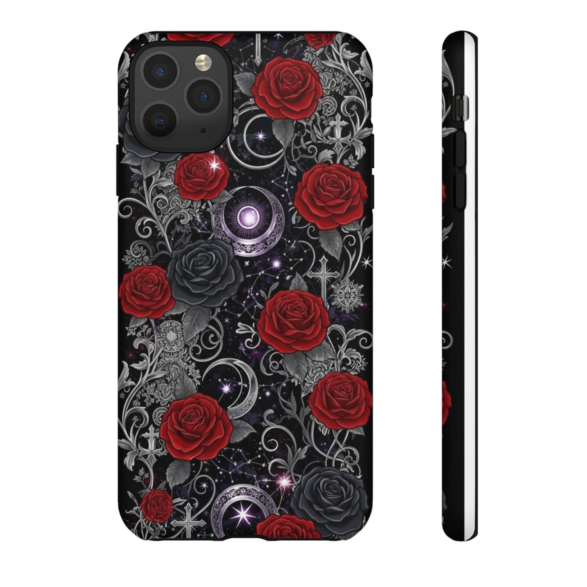 Dark gothic red rose tough phone case featuring intricate floral designs and mystical elements