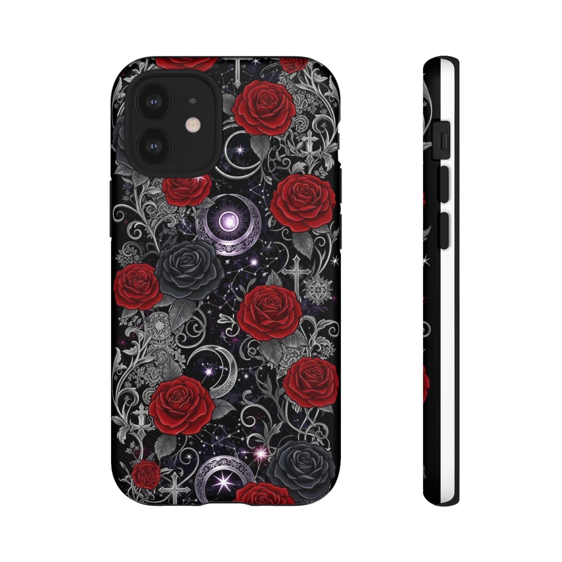 Dark gothic red rose tough phone case featuring intricate floral designs and celestial elements.