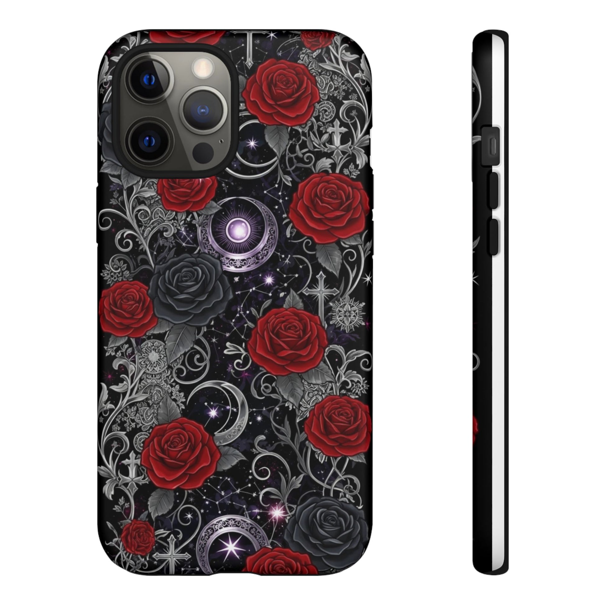 Dark gothic red rose tough phone case featuring intricate floral designs and celestial elements
