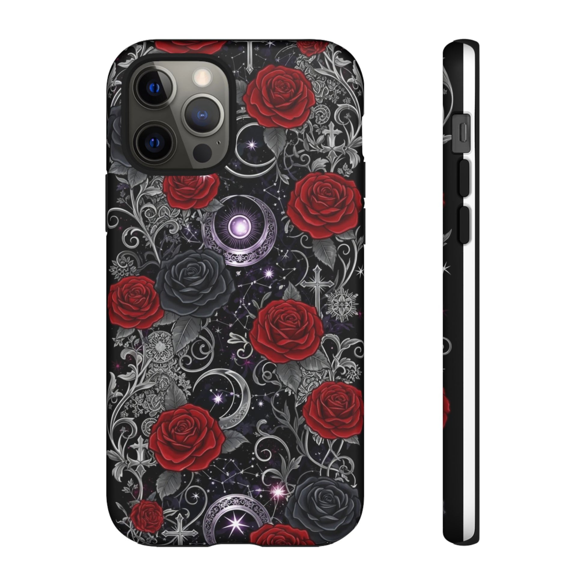 Dark gothic red Rose tough phone case with intricate floral and celestial designs