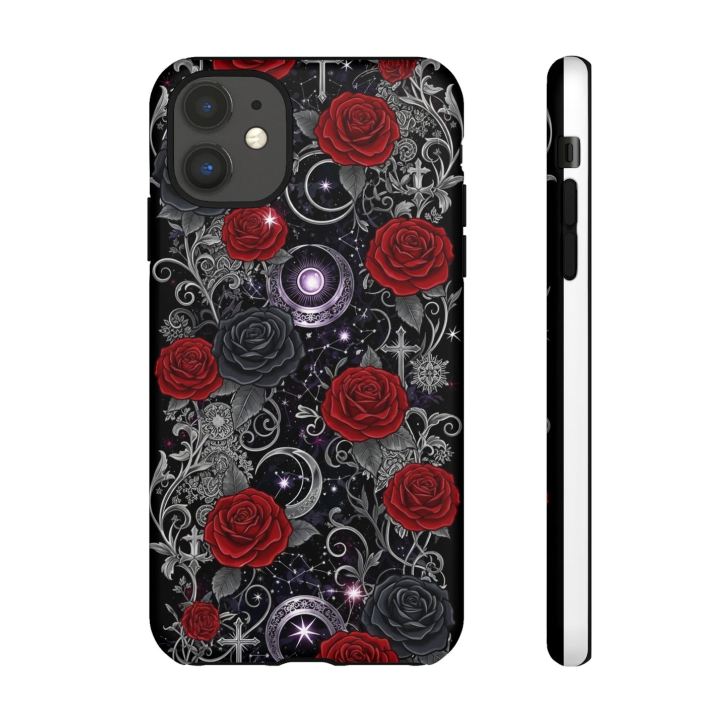Dark gothic red rose tough phone case featuring intricate floral designs and celestial patterns