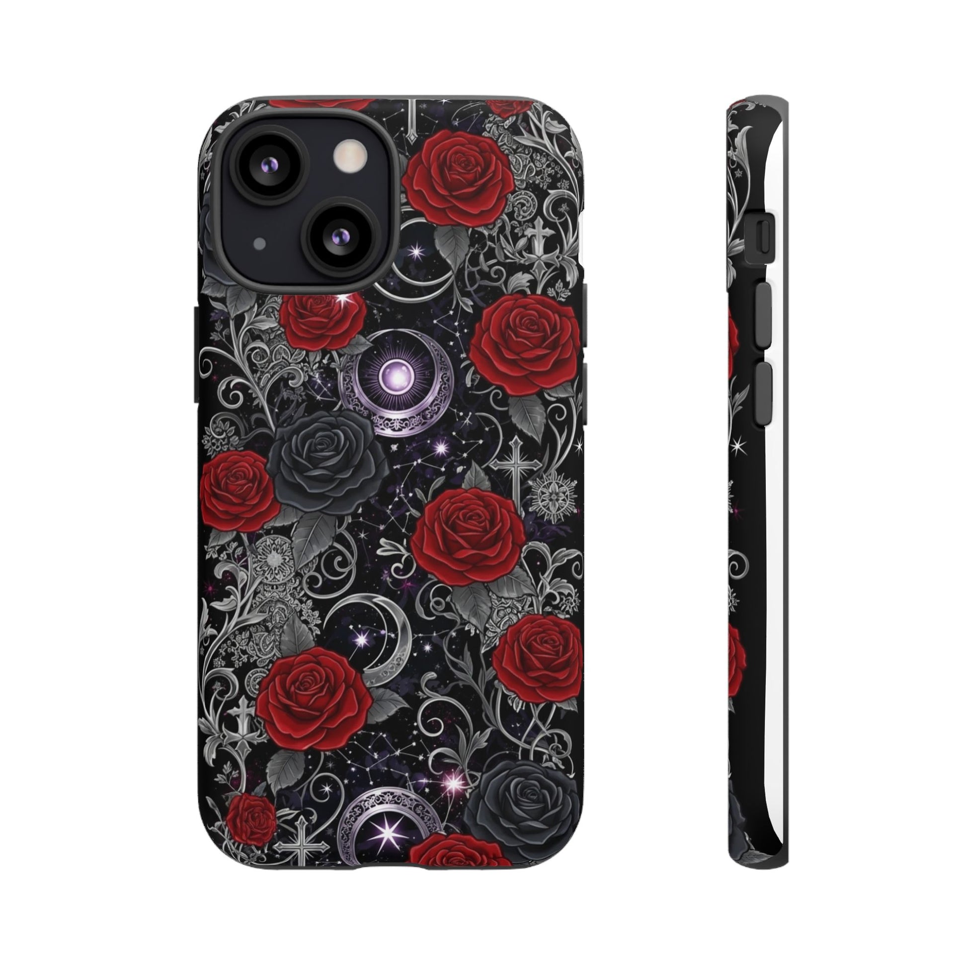 Dark gothic red rose tough phone case with intricate floral and celestial designs