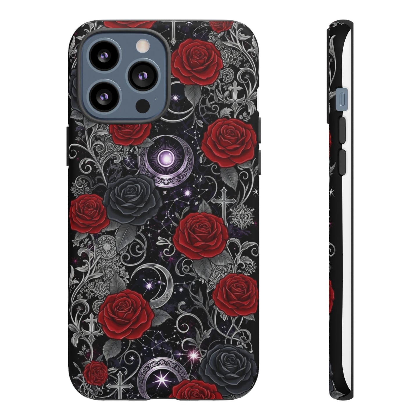 Dark gothic red rose tough phone case featuring intricate designs and bold red roses on a black background