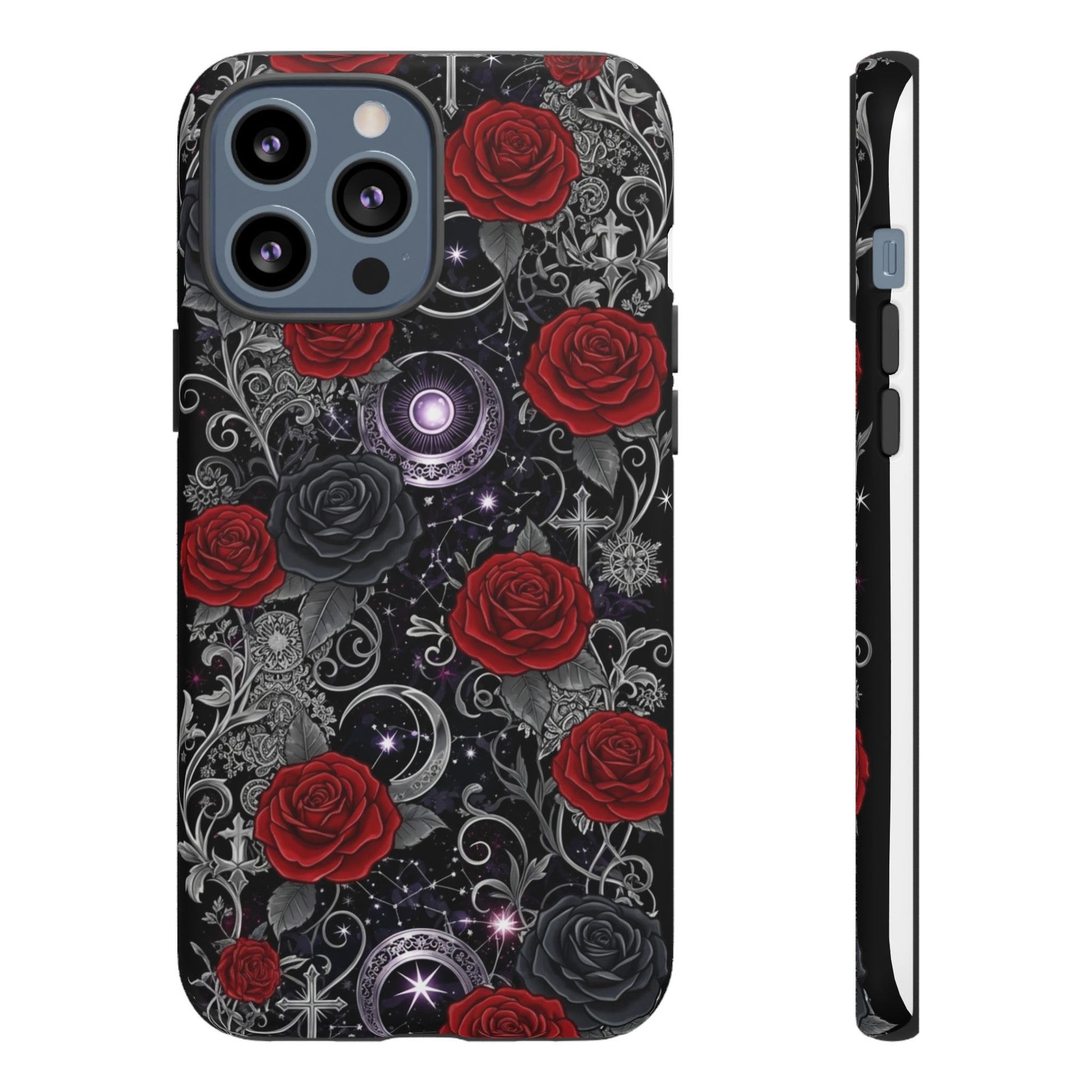 Dark gothic red rose tough phone case featuring intricate designs and bold red roses on a black background