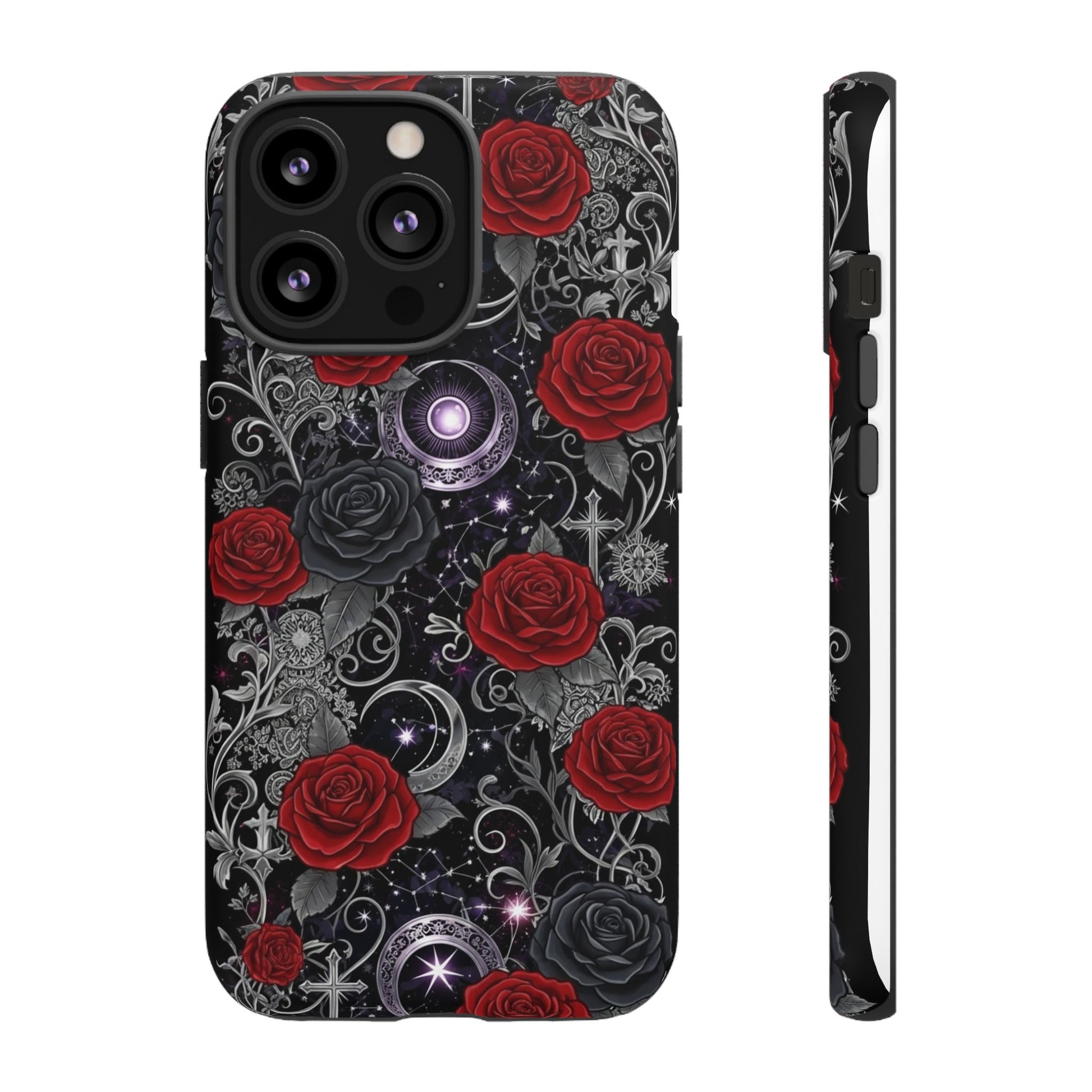 Dark gothic red rose tough phone case featuring intricate floral design and moon motifs
