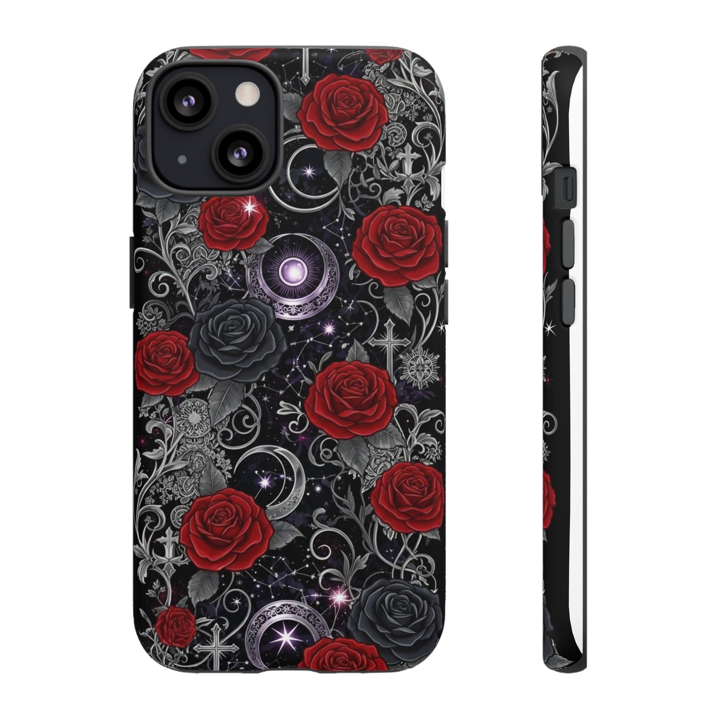 Dark gothic red rose tough phone case featuring intricate floral patterns and gothic designs