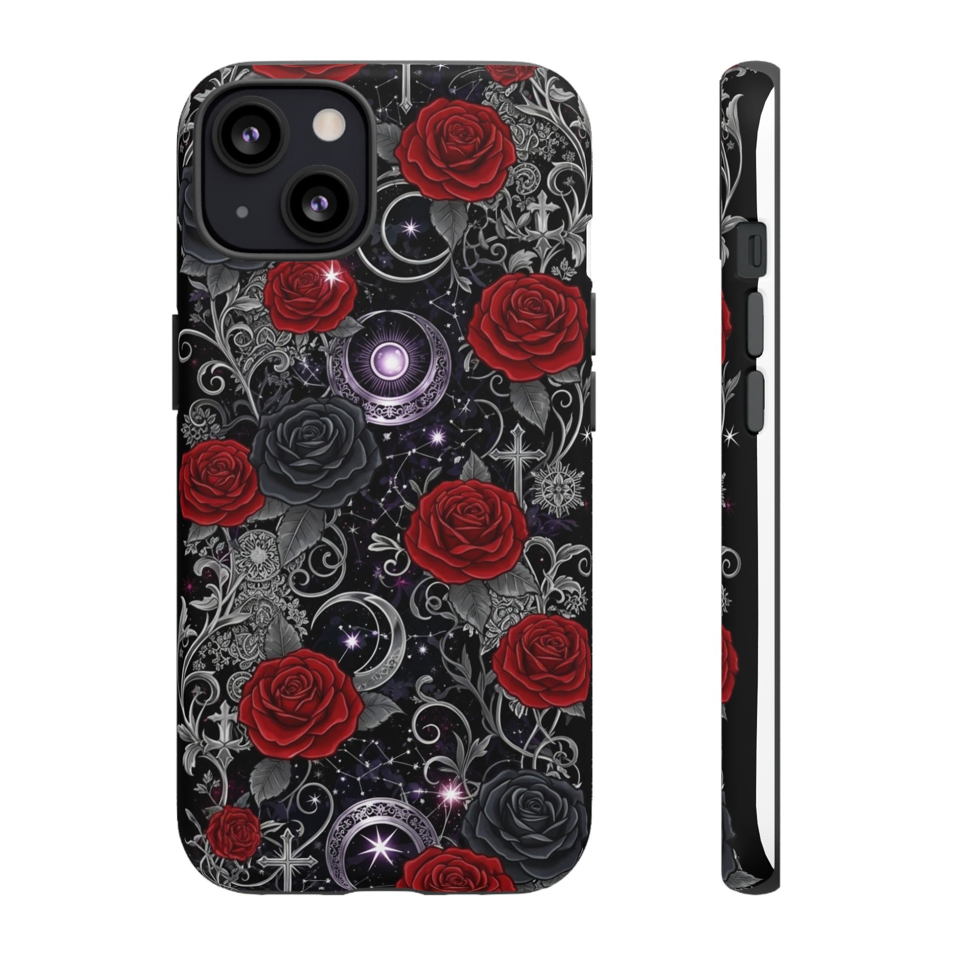 Dark gothic red rose tough phone case featuring intricate floral patterns and gothic designs