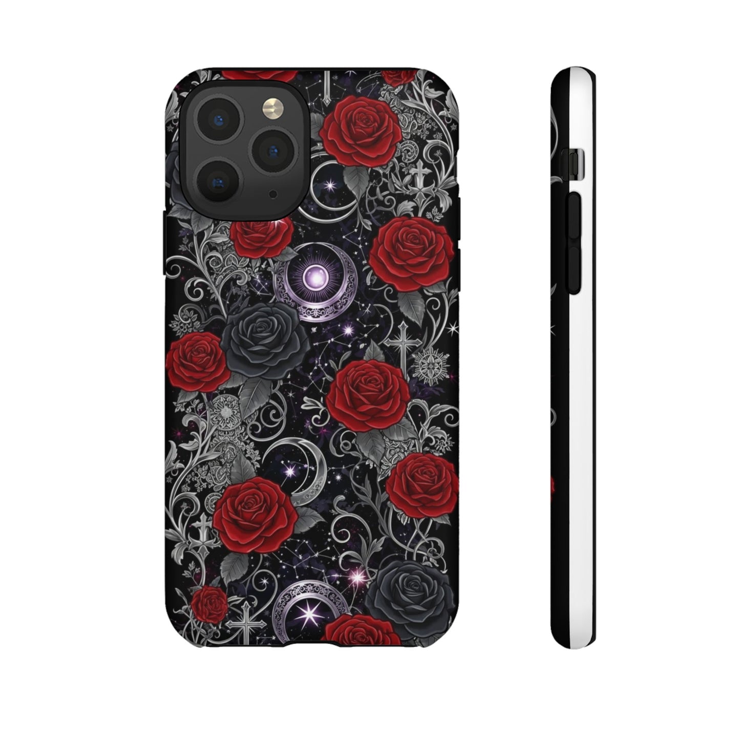 Dark gothic red rose tough phone case with intricate designs and protective features