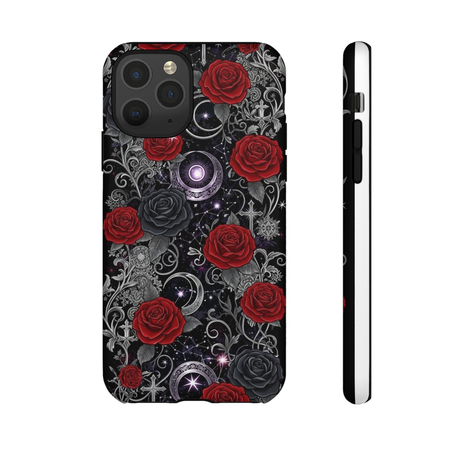 Dark gothic red rose tough phone case with intricate designs and protective features