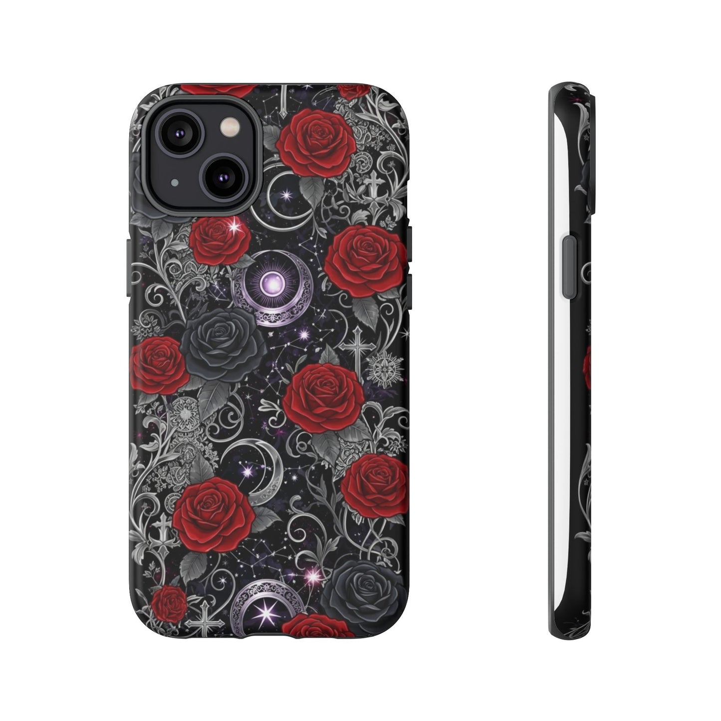 Dark gothic red rose tough phone case featuring intricate floral designs and cosmic elements