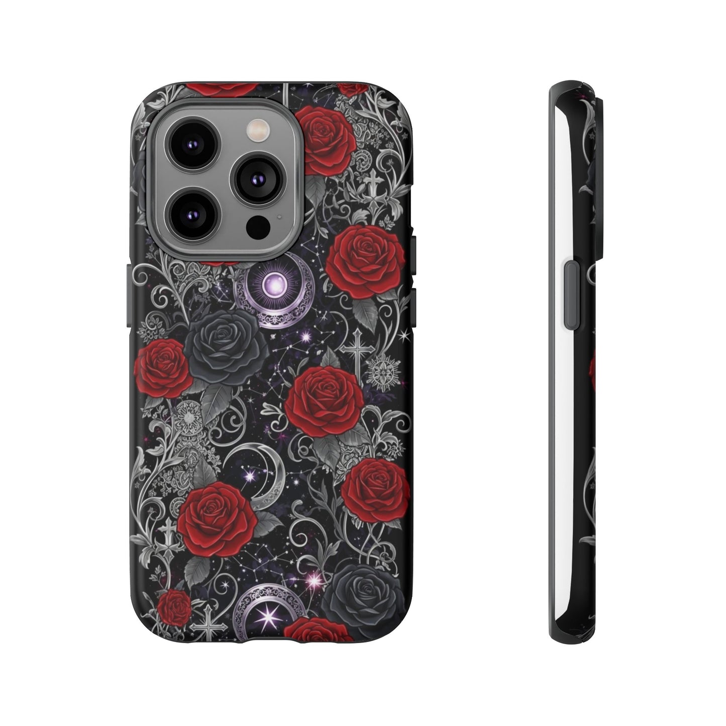 Dark gothic red rose tough phone case featuring intricate floral and celestial designs