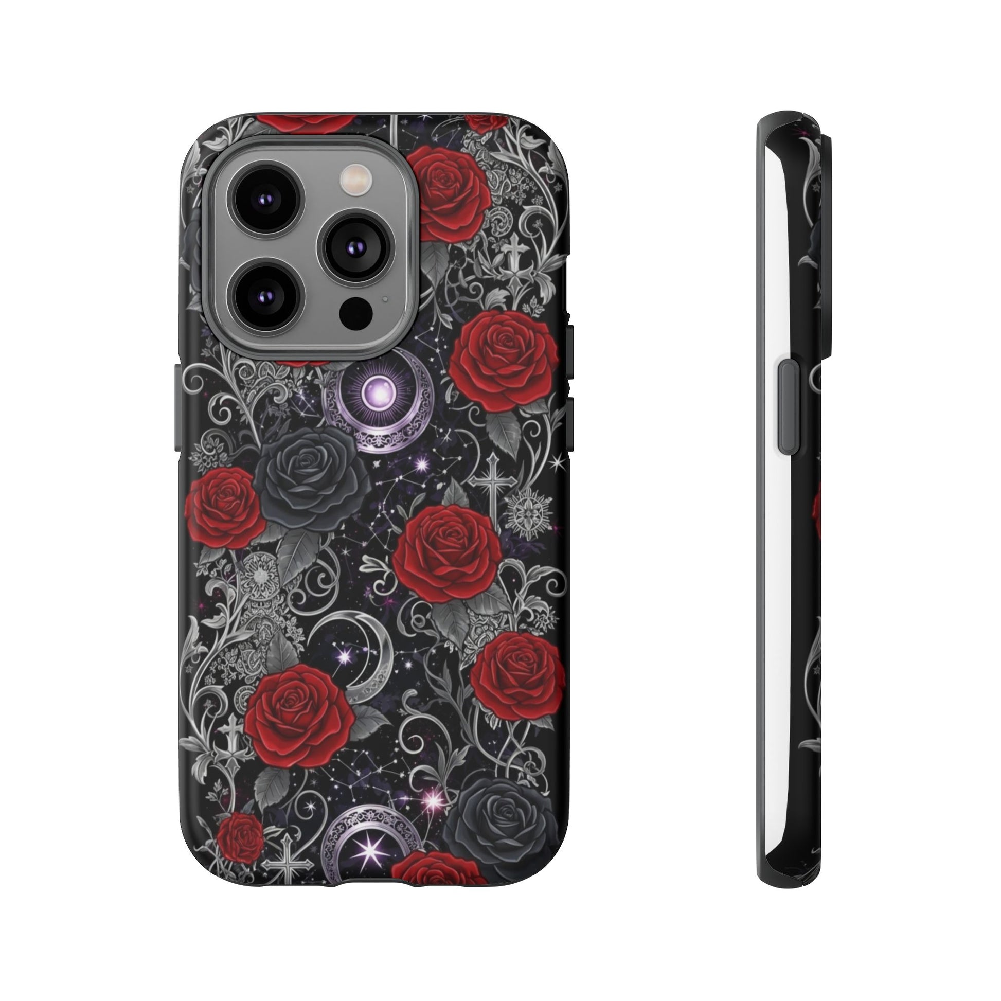 Dark gothic red rose tough phone case featuring intricate floral and celestial designs