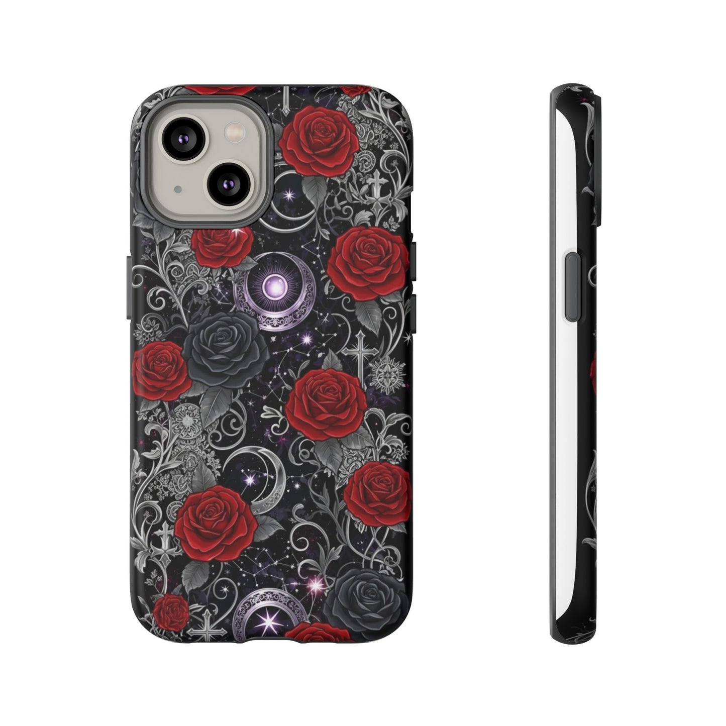 Dark gothic red rose tough phone case featuring a floral and celestial design