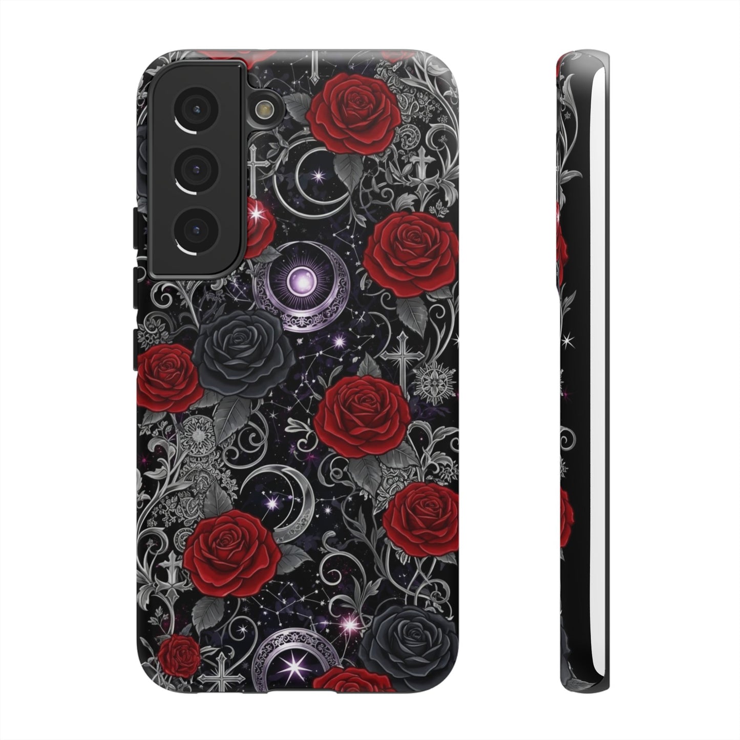 Dark gothic red rose tough phone case featuring intricate patterns and elegant floral designs