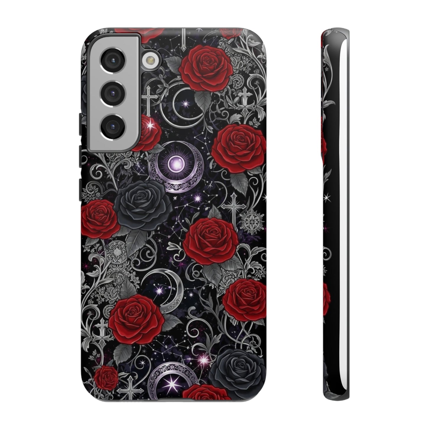 Dark gothic red rose tough phone case with intricate floral and celestial designs 