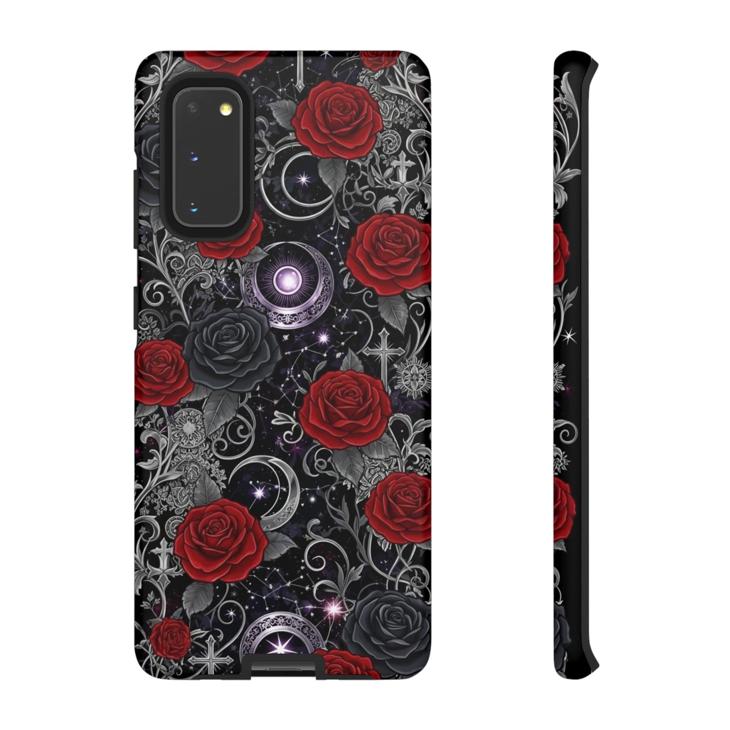 Dark gothic red rose tough phone case featuring intricate floral and celestial design.