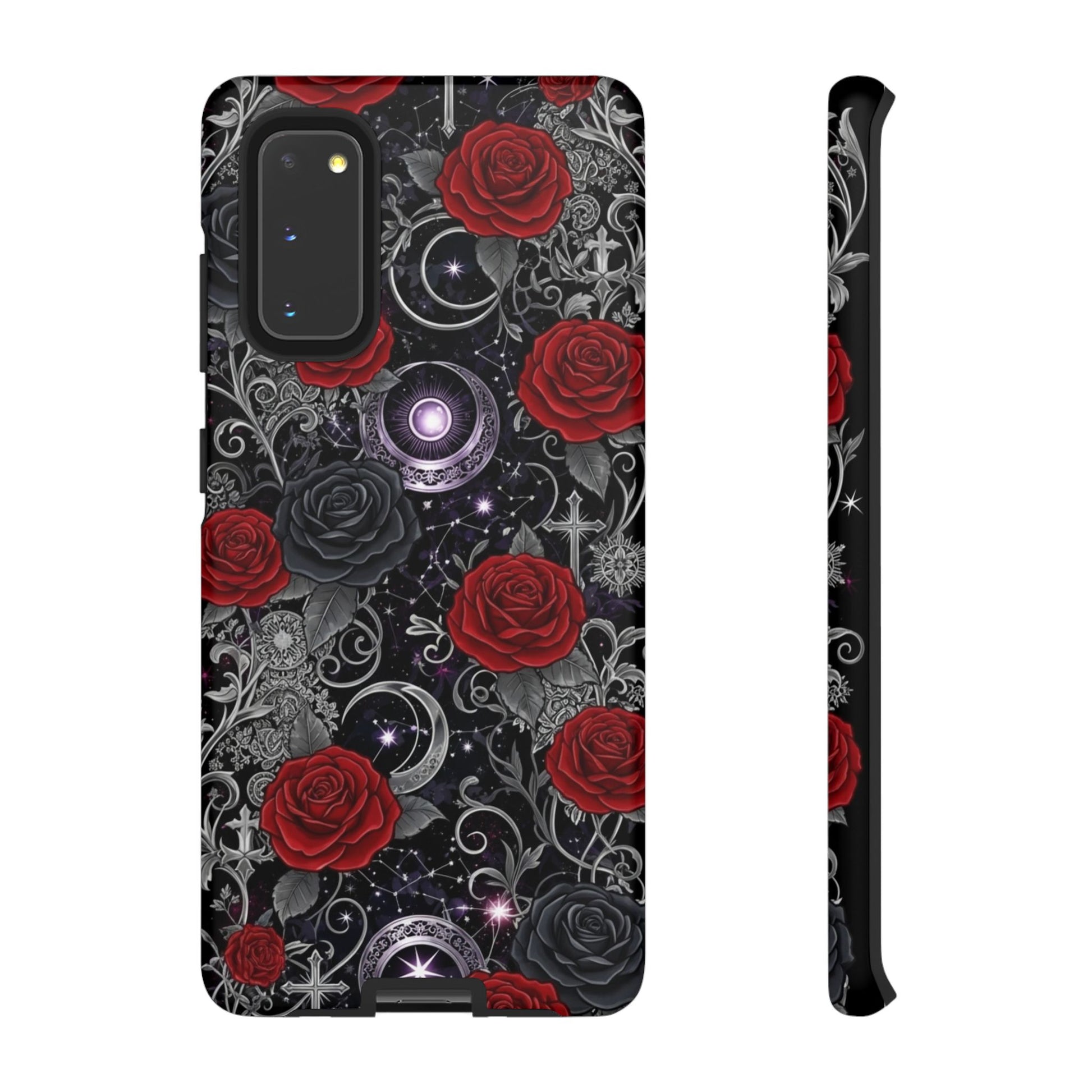 Dark gothic red rose tough phone case featuring intricate floral and celestial design.