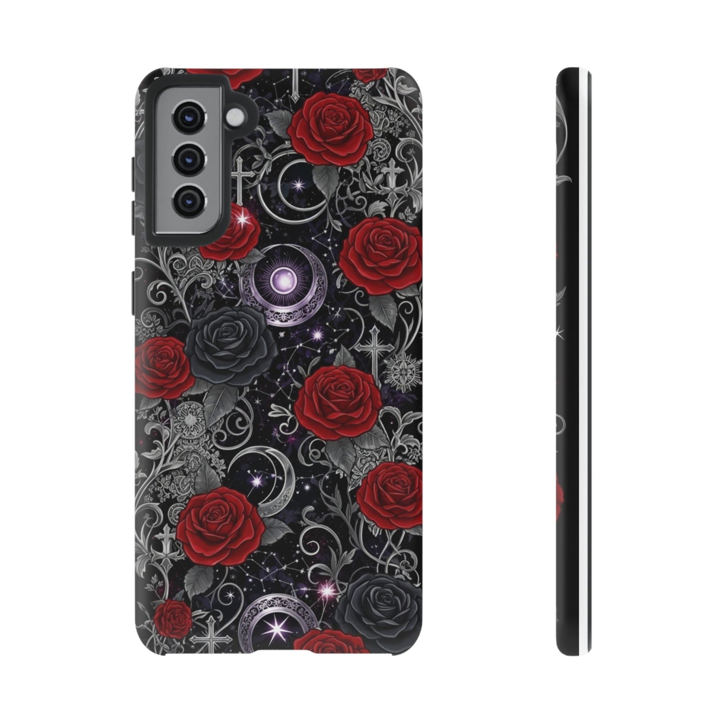 Dark gothic red rose tough phone case featuring intricate floral and cosmic designs