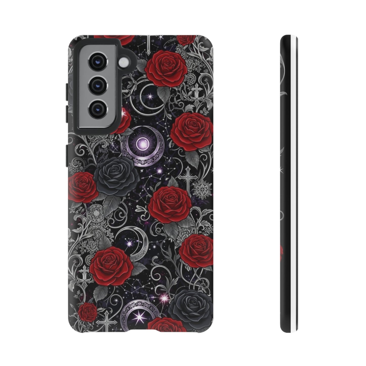 Dark gothic red rose tough phone case featuring intricate floral designs and celestial motifs