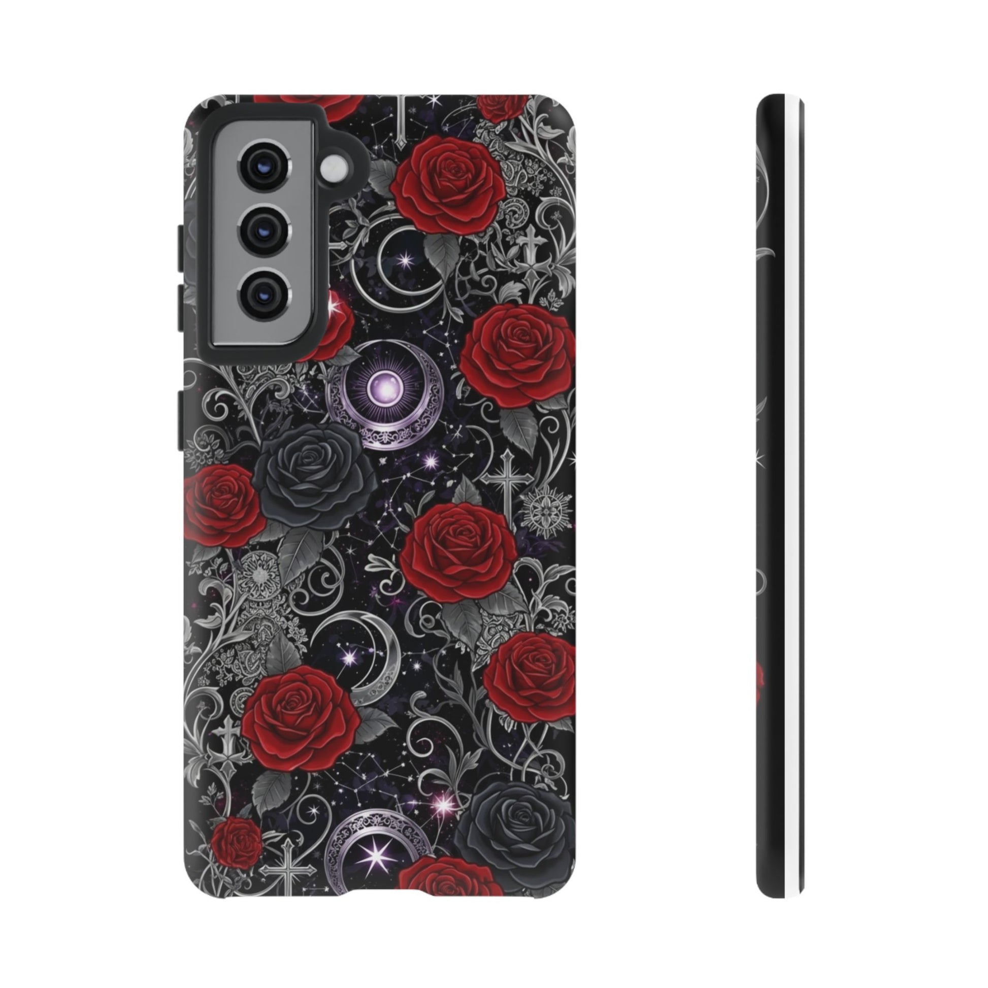 Dark gothic red rose tough phone case featuring intricate floral designs and celestial motifs