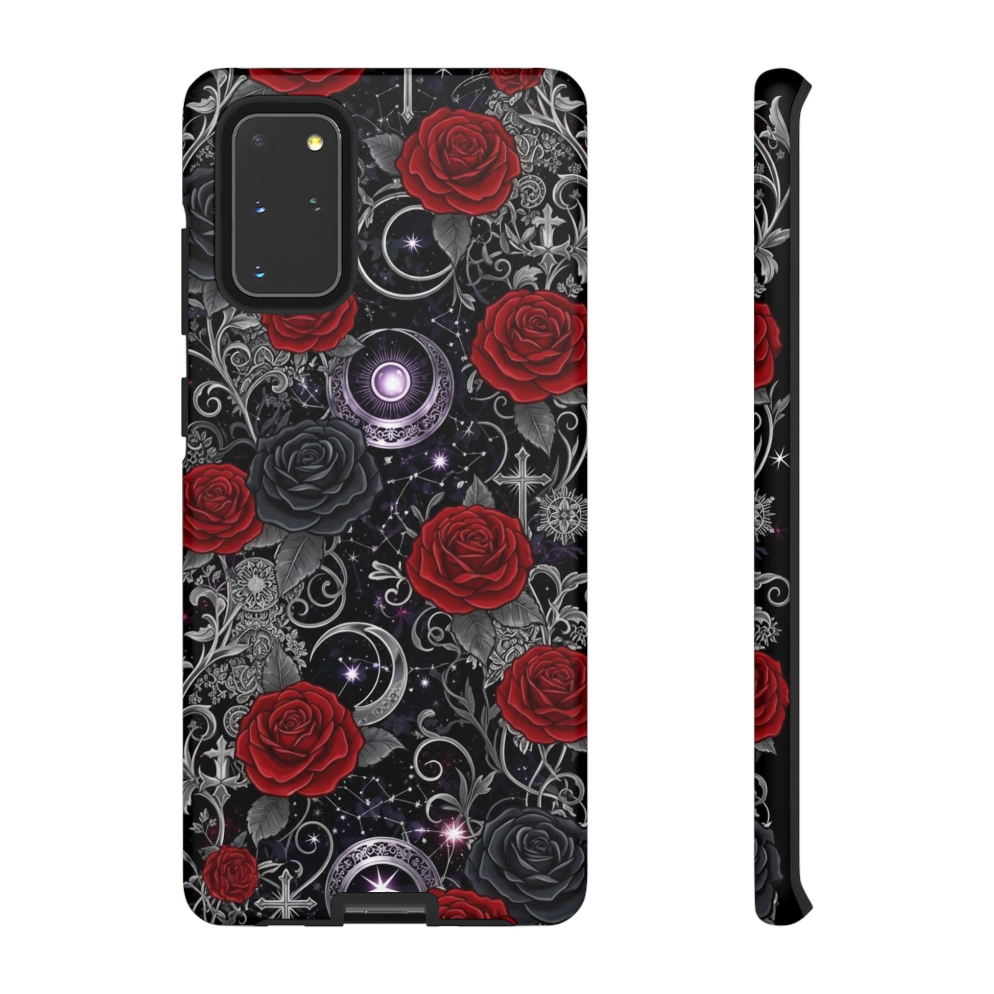Dark gothic red rose tough phone case featuring intricate designs and a bold floral pattern