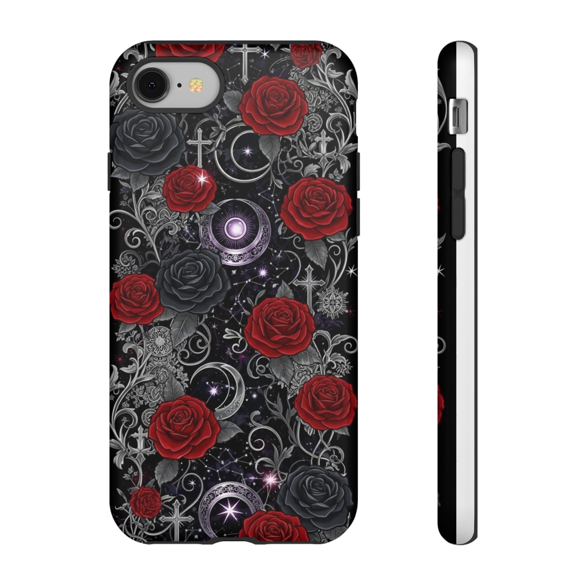 Dark gothic red rose tough phone case featuring intricate floral and celestial design