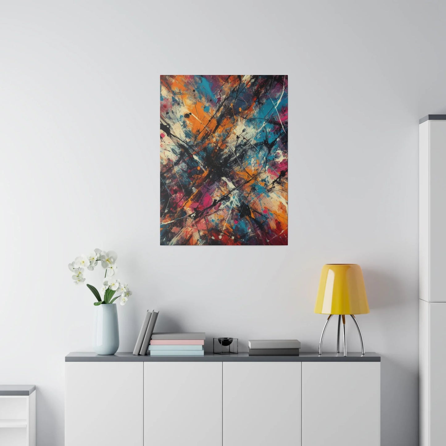 Electric chaos abstract canvas art print in vibrant colors displayed on a modern wall