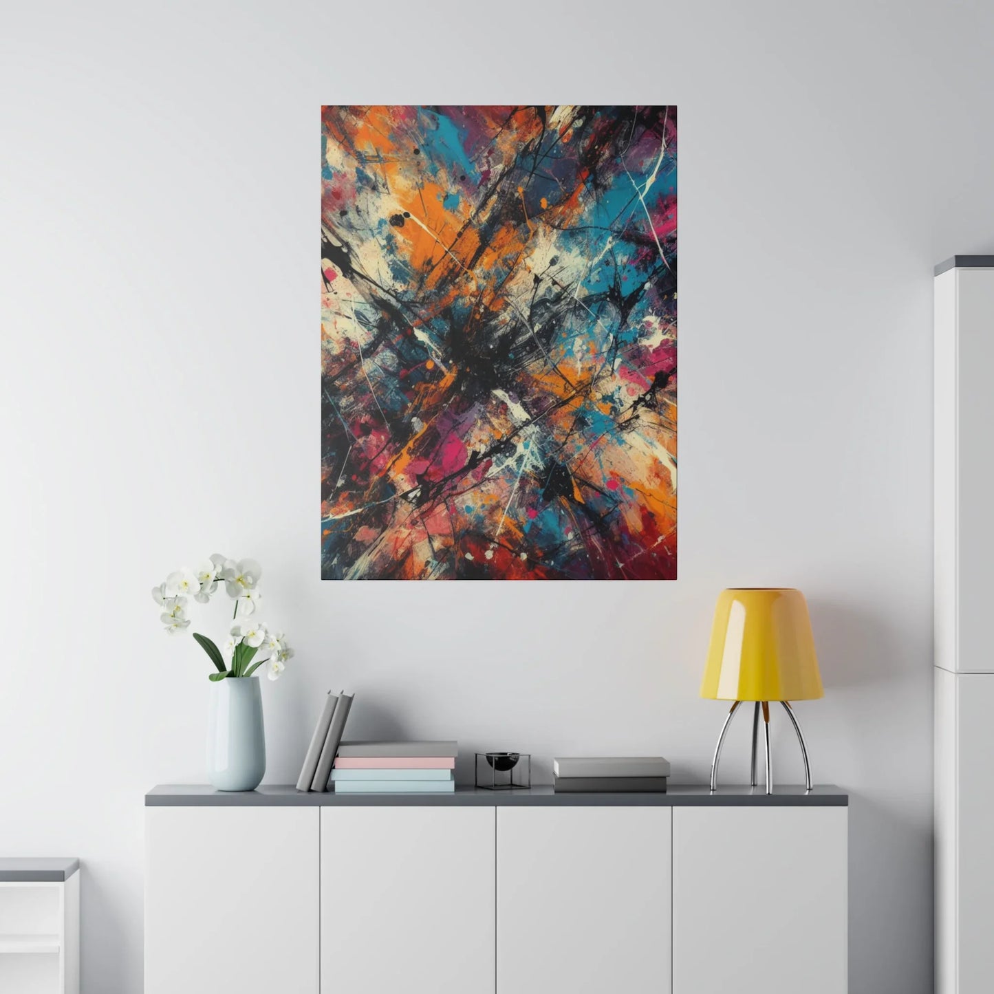 Electric chaos abstract canvas art print on display in a modern living space with bright colors