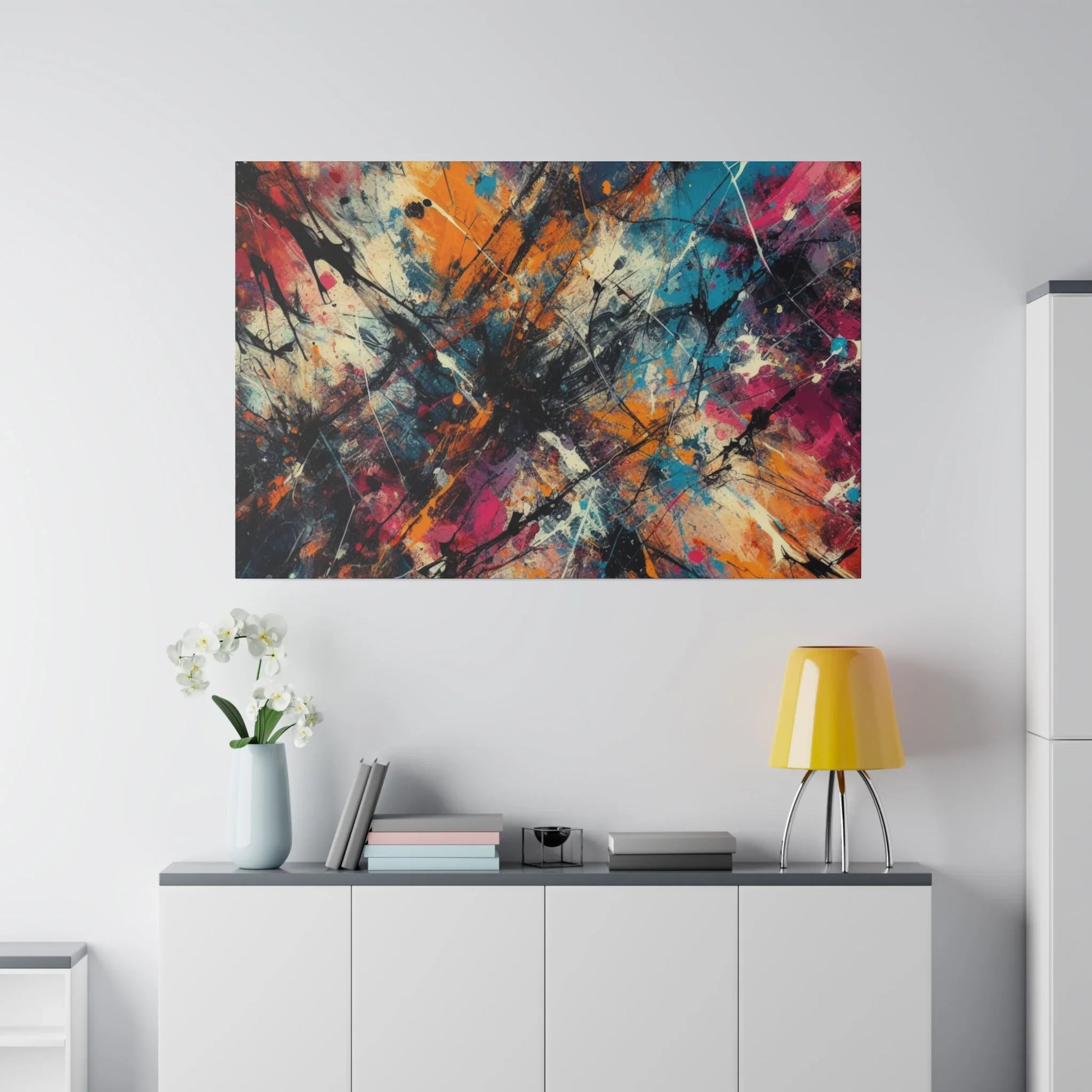 Electric chaos abstract canvas art print featuring vibrant colors and dynamic patterns on a modern wall