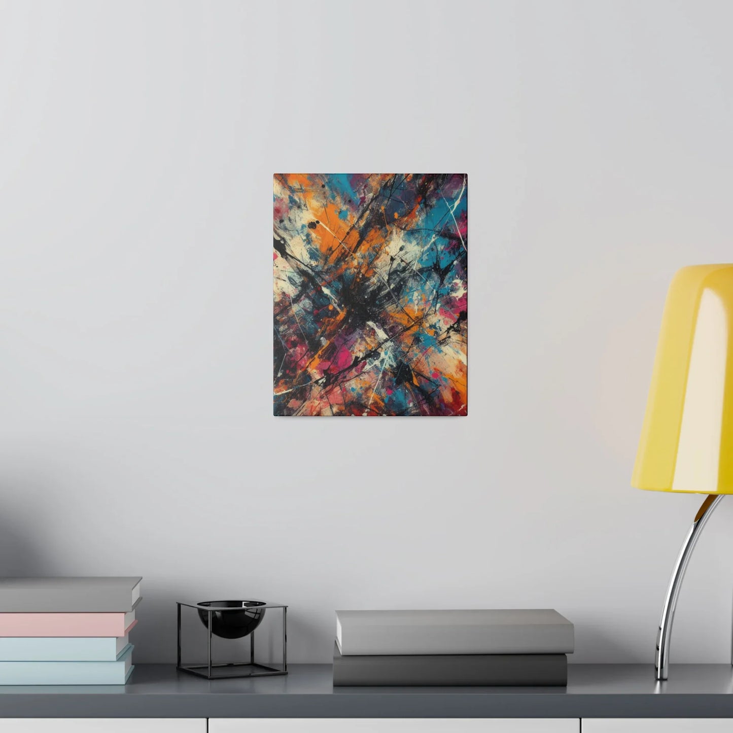 Electric chaos abstract canvas art print displayed on a modern wall with colorful accents