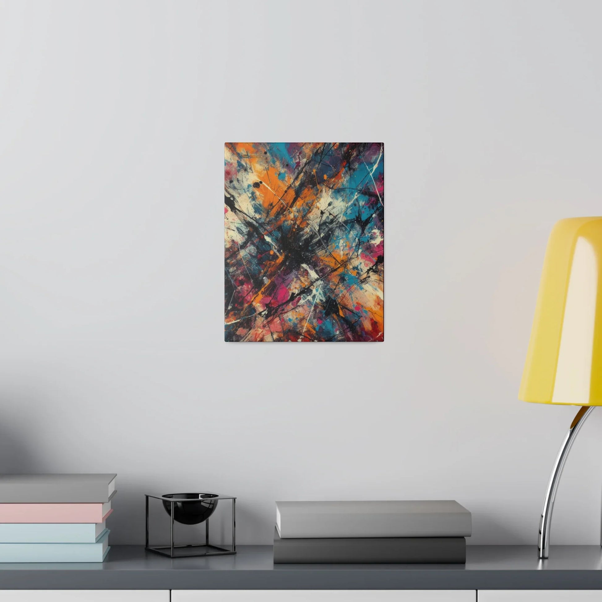 Electric chaos abstract canvas art print displayed on a modern wall with colorful accents