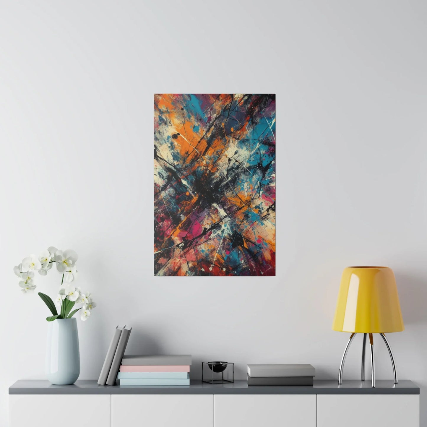 Electric chaos abstract canvas art print displayed on a white wall with decorative items