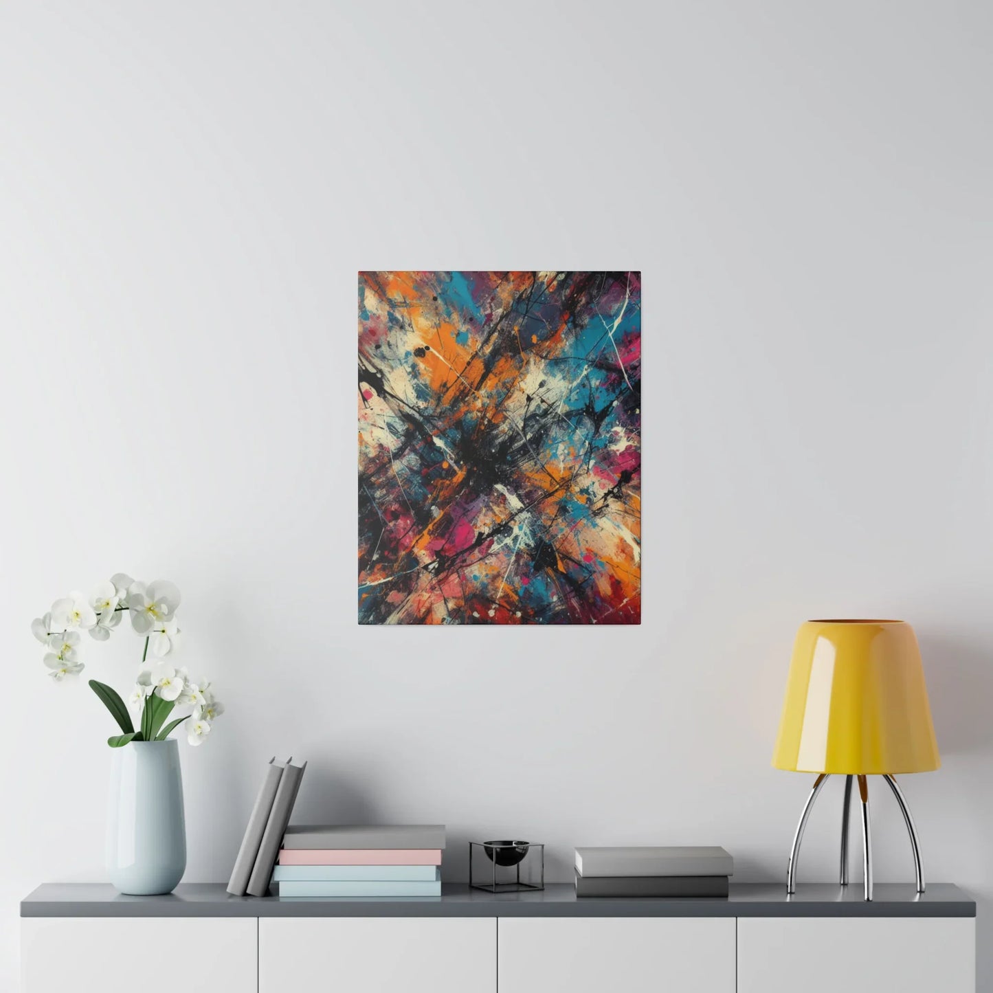 Electric chaos abstract canvas art print displayed in a modern living room setting