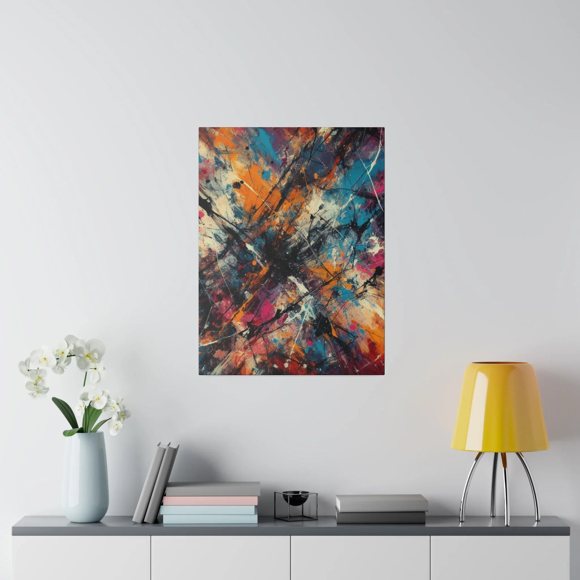 Electric chaos abstract canvas art print on a wall above a modern lamp and decor