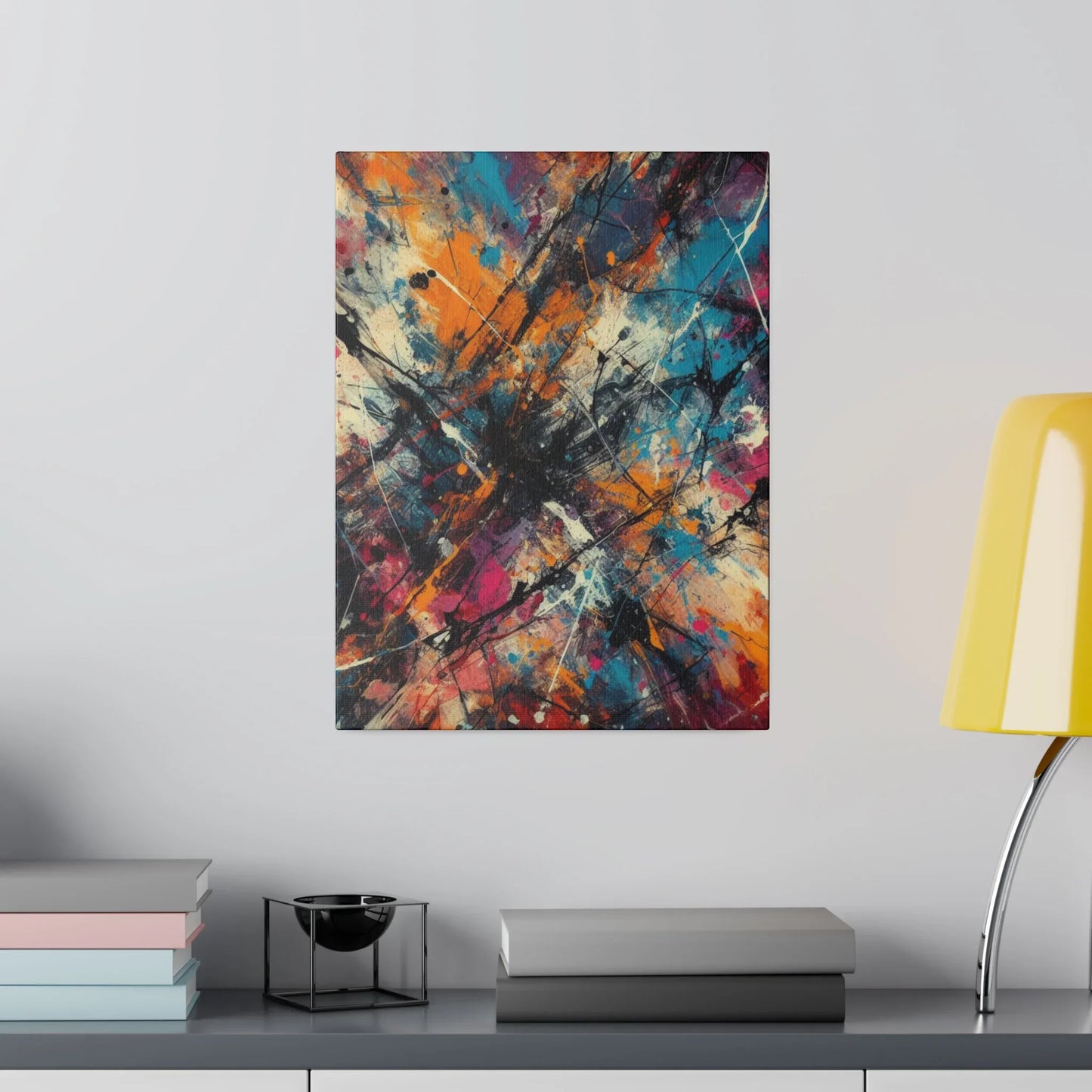 Electric chaos abstract canvas art print featuring vibrant colors and dynamic patterns on display
