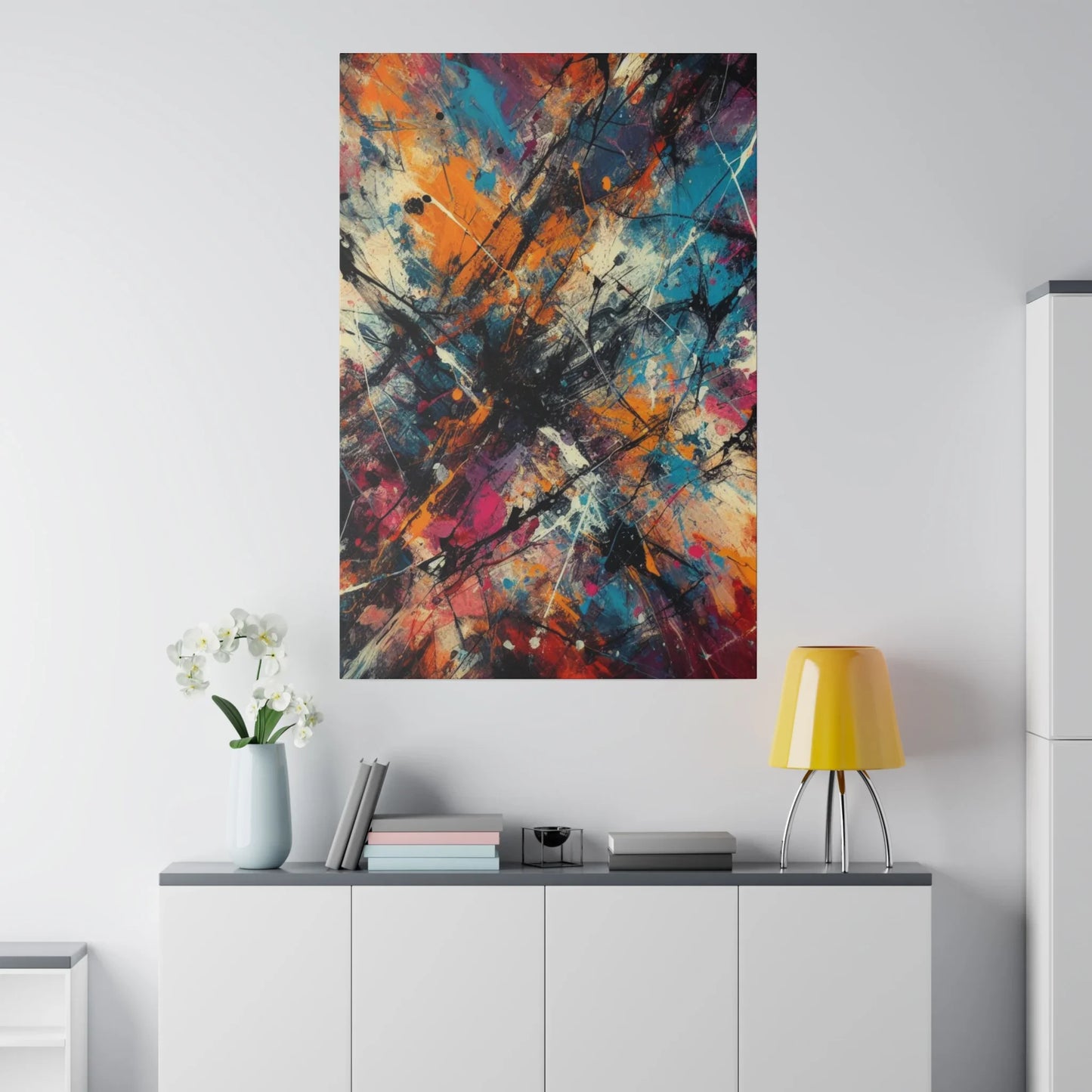 Electric chaos abstract canvas art print featuring vibrant colors and dynamic textures on display