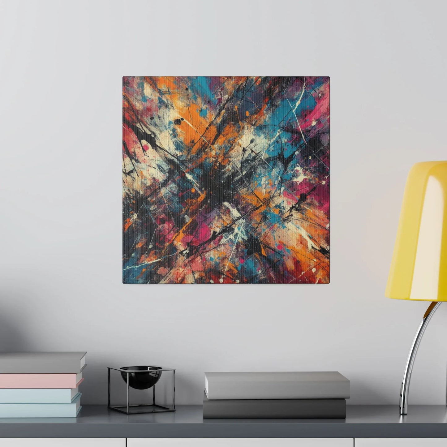 Electric chaos abstract canvas art print displayed on a wall with colorful splashes and striking patterns