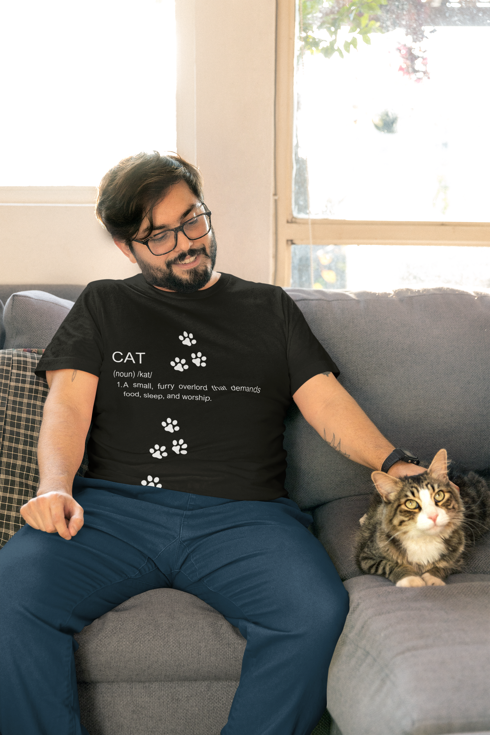 Funny cat definition t-shirt featuring a humorous text design and a person sitting with a cat
