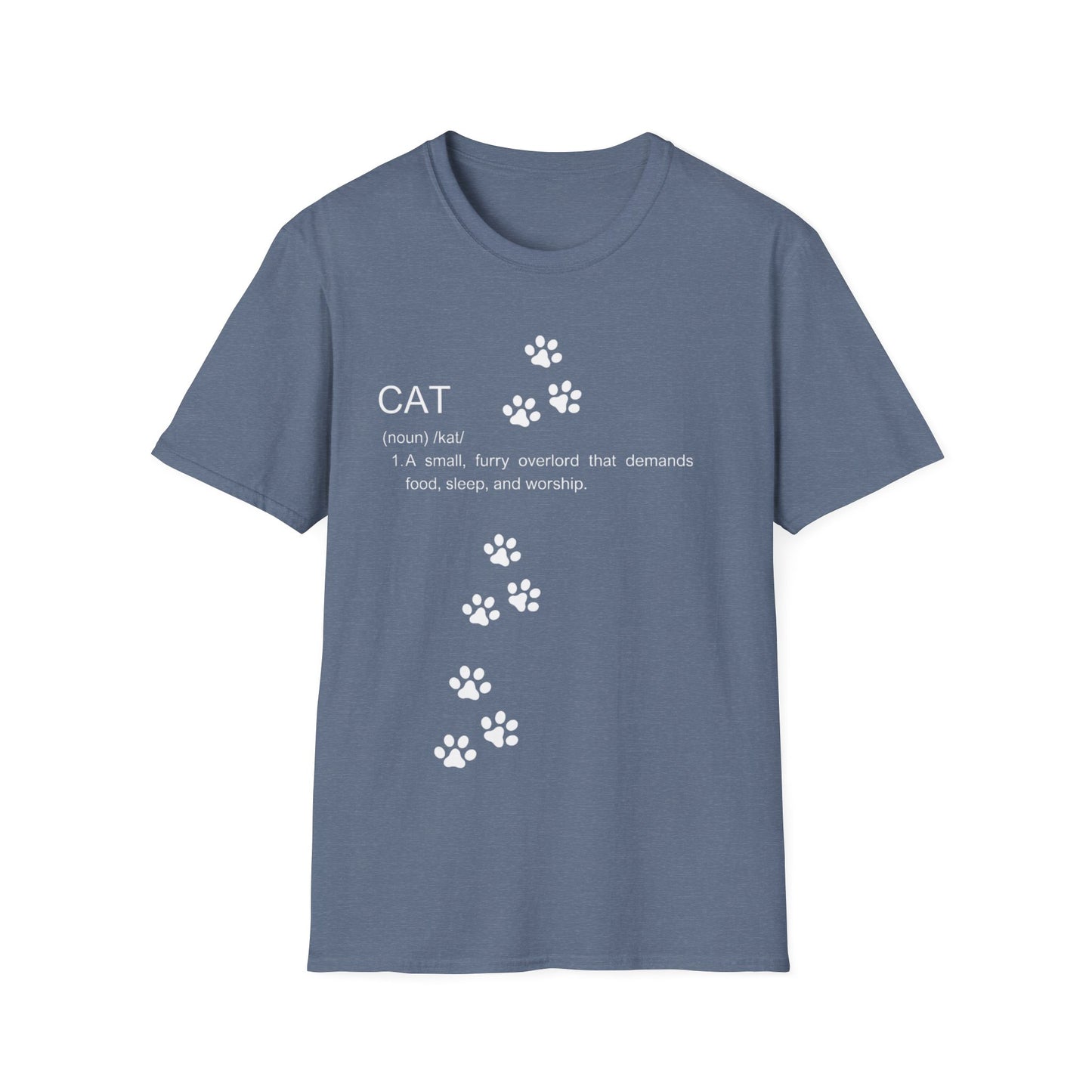 Funny cat definition t-shirt with humorous text and paw print graphics